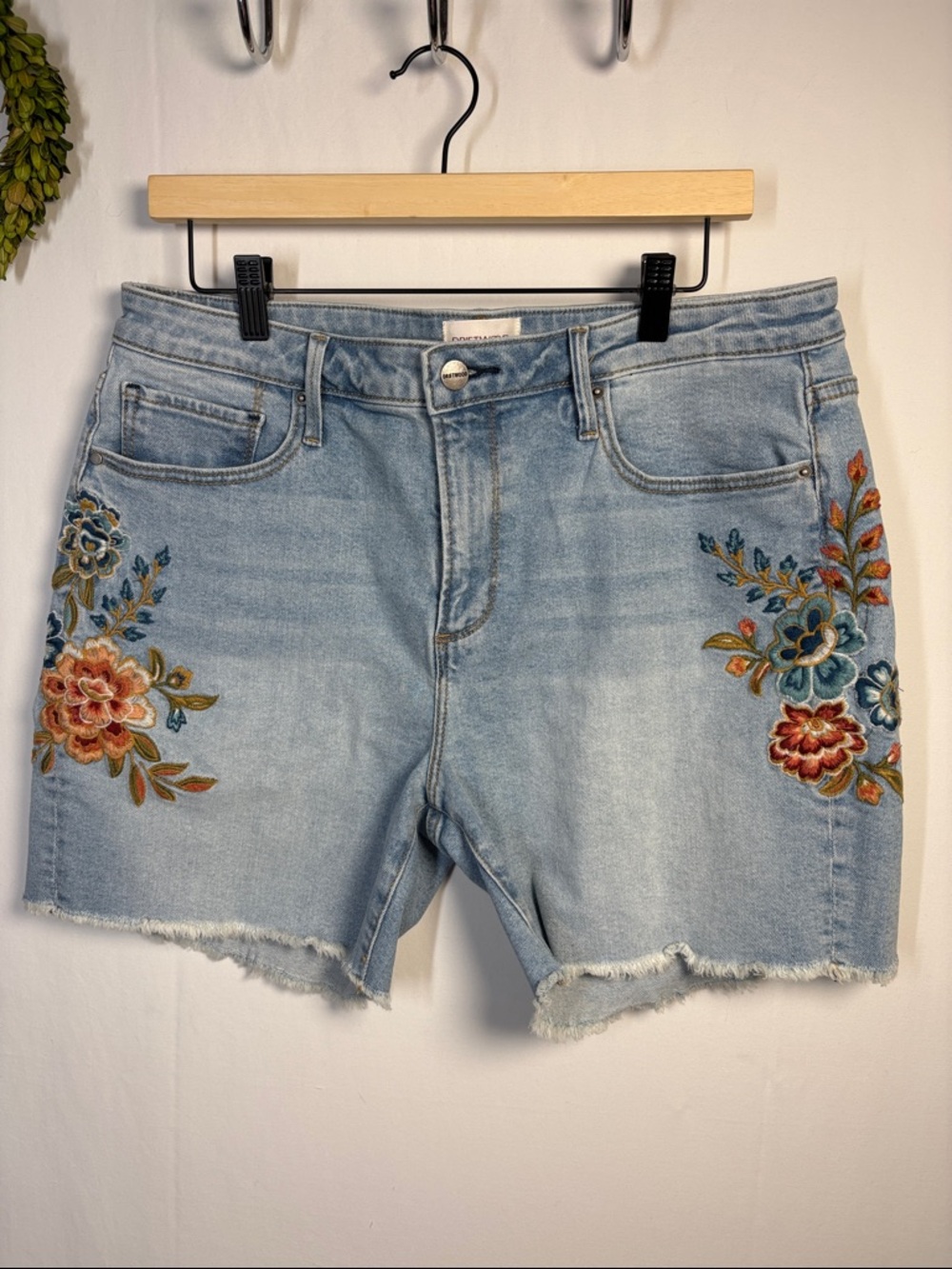 DRIFTWOOD Light Blue Denim Shorts with Multicolor Floral Embroidery